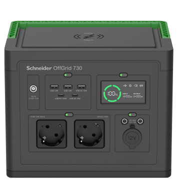 PPS730-GR Schneider OffGrid Taşınabilir Güç İstasyonu 730, 738Wh Lityum-iyon, LCD, 2 CEE 7/3 Schuko çıkış, Sinüs, 3 USB-A, 2 USB-C, Kablosuz Şarj Cihazı PPS730-GR Schneider OffGrid Taşınabilir Güç İstasyonu 730, 738Wh Lityum-iyon, LCD, 2 CEE 7/3 Schuko çıkış, Sinüs, 3 USB-A, 2 USB-C, Kablosuz Şarj Cihazı